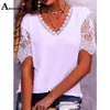 AIMSNUG LADIES ELEGANT FASHICE SPLICED LACE T-SHIRT WOMENS KORT SLEEVE TOP SOMMER CASUAL V-NECK TEES KLÄNNING SIZE S-5XL 240415