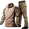 Tactische T-shirts Outdoor Training Set Outdoor Wear-resistente T-shirt met lange mouwen T-shirt+Multi-pocket Scheurbestendige vrachtbroek 2-delige camouflage tactische set 240426