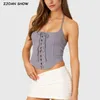 Tanques femininos 2024 Sexy cinza listrado Baixo peito esbelto Camis Women Women Summer Corset Metal Metal Metal Cross Cross Lacing Up Bow Crop Top