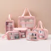 New Transparent Cosmetic Bag Six-piece Pvc Wash Storage Bag Bath Swimming Beach Bag Net Red Pu Frosted Bag