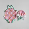 Één-stuks babymeisjes zwempak gesplitst badmode baby bloemen sling eendelig zwempak met hoed H240509