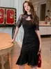 Party Dresses Lace Dress Women Luxury Sheer See Through Hook Flower Hollow Wrap Slim Midi Trumpet Robe Femme Sexy Retro Vestidos Summer