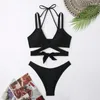 Frauen Badebadeanzüge Spaghetti -Gurt Criss Cross Bikini Rippen Badeanzug