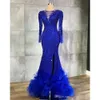 Blauwe zeemeermin kralen koninklijke avondkristallen pure nek gesplitst Arabisch aso ebi feestjurken formele prom -jurken slijtage