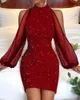 Casual Dresses Women Sexy BodyCon Mini Dress 2024 Autumn Lantern Long Sleeve for Elegant Black O Neck Slim Short Party