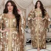 Ropa étnica mujeres de lujo jalabiya marroquí kaftan abaya dubai estampado en v pable de encaje belteado maxi vestidos de pavo ramadán ramadán