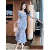 Basic Casual Dresses Summer Women Maxi Dress Sweet Elegant Girly Blue Mesh Embroidery Floral Puff Sleeve Bodycon Pleated Wrap Hip Fish Dhsfz