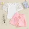 Clothing Sets Kids Clothes Baby Girl Summer 2PCS Outfits Sweet Mesh Short Puff Sleeve Round Neck T-Shirts High Waist Flared Shorts Sets