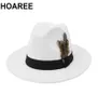 Hoaree White Wool Vintage Trilby Felt Fedora Hat with Feather Women Men Church Hats Wide Brim Male Female Autumn Jazz Caps Q08054129215