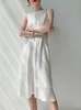 Lanmrem High Winist Sleated Elegant Dresses Womens White O-Neck Sleeveless Satin Dress Spring 26D1273 240418