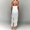 Sexy off-épaule volants en couches lister maxi robe femmes sans manches sans manches