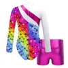 Clothing Sets Kids Girls Ballet Dance Sports Gymnastics Workout Outfits Long Sleeve Printed Leotard With Metallic Shorts Costumes