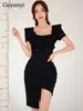 Robes de fête Black Elegant Bureau Dame Robe Summer Simple haute taille en dentelle carrée Pouffée Puffle Sleeves Tempérament Terment Mini