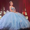 Sky Blue Off the Rame Ball Suknia Quinceanera Sukienki Bow Koraliki Tull Vestidos de 15 Anos Corset Sukienka na 16 urodziny