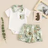 Kledingsets Baby Boy 2 -delige zomerset dierenprint revershek Korte mouw Romper Elastische taille vrachtbroeken Kinderkleding Kinderkleding