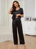 Dames Sleepwear Solid color Vrouwen Pyjama Set korte slev v nek tops met borstzak lange broek vrouwelijke 2 stuks slpwear nachtkleding y240426