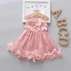 Girl's Dresses Childrens New Style Girls Summer Sleeveless Cute Dress Childrens Beautiful Solid Color 3D Petal Mesh Ponchy Skirt d240425