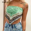 Kvinnors tankar avslappnad kvinna grönt slim tryck spaghetti rem beskuren topp 2024 sommar sexiga damer backless strand camisole kvinnlig chic