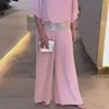 Rosa paljett snurrning tunika kostym kvinnor vår o nacke topp pullover wide ben byxor outfit sommar batwing hylsa lös chiffong set 240412