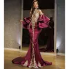 Rood Arabisch Aso Ebi Dark Mermaid Prom Dresses Sparkly Crystals kralen hoge split lange mouwen plus size size avond formeel feest tweede receptie jurken jurken