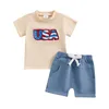 Ensembles de vêtements Baby Boys Shorts set T-shirt de broderie à manches courtes avec tenue d'été à taille élastique pour le 4 juillet