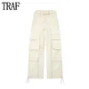 TRAF 2024 Cargo Pants for Women Beige Wide Leg Pants Women Summer High Waist Woman Trousers Holiday Casual Baggy Pants Woman 240420