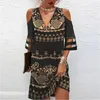 Robes de fête Femmes hors de l'épaule Fashion Mesh Splicing Half Mancheve V Neck Pullover Robe Elegant Print Female Office Commuter Robe de banlieue