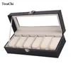 6 SLOTS Black Pu Wrist Watch Jewelry Display Storage Organizer Case Glass Cover Mechanical Mens Watches Travel Holder Present Box 240415