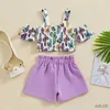 Kläduppsättningar Småbarn Girls Clothes Summer Outfits Butterfly Print Bowknot Off Shoulder Short Sleeve Tops Shorts 2ms Set