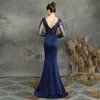 Abiti da passerella yidingzs women s attraverso tulle long slve abito elegante raso blu scuro abito da sera yd16357 y240426