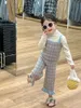 Clothing Sets 2024 Spring Children's Wear Girls' Checkered Knitted Sweater 3-piece Tank Top Wooden Ear Edge Trouser Set Clothes Girls