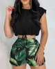 Tweede stuk broek voor dames dames streep mode casual trend printen 2-delige set dames sexy zomer sluleloze ronde nek camo boog korte top shorts set y240426