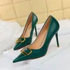 Sapatos de vestido Bigtree Metal Square Buckle High Heels 9.5cm Party Sexy Black Green Red Mulher Bombas Salto para Mulheres Tamanho 43