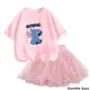 Ensembles de vêtements 2024 Summer Kawaii Stitch Children Vêtements Ensemble pour enfants 3-14 ans T-shirt tutu jupe 2pcs Tenues Girls