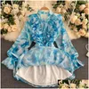 Grundläggande avslappnade klänningar Autumn 2022 Blue Tie-Dye Mini Dress Women Sweet Ruffle Chiffon Vestidos Female Elegant Flare Long Sleeve Irregar Dhha2