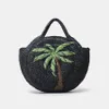 Fashion Coconut Tree Pattern Straw Women Handbags Round Corn Husk Woven Hand Bags Handmade Summer Beach Bag Large Tote Purses 240418