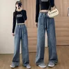 Frauen Jeans Springblau hohe Taille großgröße mit weitem Bein, die gerade lose Casual Hosen Druckkleidung wischen