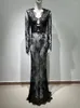 Casual Dresses Women Celebrity Sexy V Neck Long Sleeve Lace See Through Black Elegant Evening Trumpet Party Maxi Dress