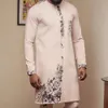 Summer mens Kaftan luxury clothing set fashionable and casual ethnic style long sleeved shirt sports pants 2PCS wedding mens clothing 240423