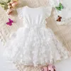 Girl's Dresses 2024 Ny sommarklänning för flickor 2-6 år 3D Flower Fly ärmar Kids Birthday Princess Dress Elegant Wedding Party Dressl2404