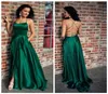 Sexy halter Backless Side Slit een lijn lange groene prom -jurken met zakken Satin Dress Party afstudeerjurken2988305