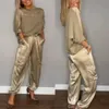 Women Spring Summer Fashion Solid Color Satin Two Piece Set Round Neck Long sleeved Top Long Pants Casual Loose Two Piece Set 240412