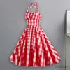 Basic Casual Dresses Women Plaid Sleeveless Dress Lace-up Bowknot Halter Hidden Zipper Skater Hem Cocktail Party Swing Dress High Waist A-Line Dress