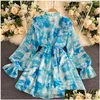 Grundläggande avslappnade klänningar Autumn 2022 Blue Tie-Dye Mini Dress Women Sweet Ruffle Chiffon Vestidos Female Elegant Flare Long Sleeve Irregar Dhha2