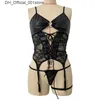 Sexy set lingerie latex bodydoll bandage bodycon pu lederen zwart ondergoed vrouwen erotische kokerband babysuit nachtjurk Q240426