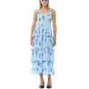 Casual Dresses Blue Printed Halter Long Dress Pressure Pleated High Waist Stretchy Women's Quality Fashion Y2k Summer