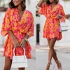 Donne Donne Abiti a maniche corte Summer Boho Floral Stampa ad alta vita ad alta vita Vestitido feste sexy a V Abiti di veste 240412