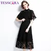 Robes de fête Tesscara Femmes Été Elegant Lace Robe Festa High Quality Office Robe Femme Runway Vintage Designer Black Vestidos