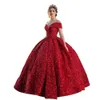 Dresses Glitter Masquerade Off Quinceanera Sequined Prom Dress The Shoulder Princess Girl Long Sweet Solid Color Red Black