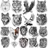 Tatuaż transfer zwierzęcy Tiger Elk Tymczasowe tatuaże dla mężczyzn Fox Wolf Eagle Fake Tattoo Tattoo Sowa Kwiat King King Tatoo Women Body Armbands 240426